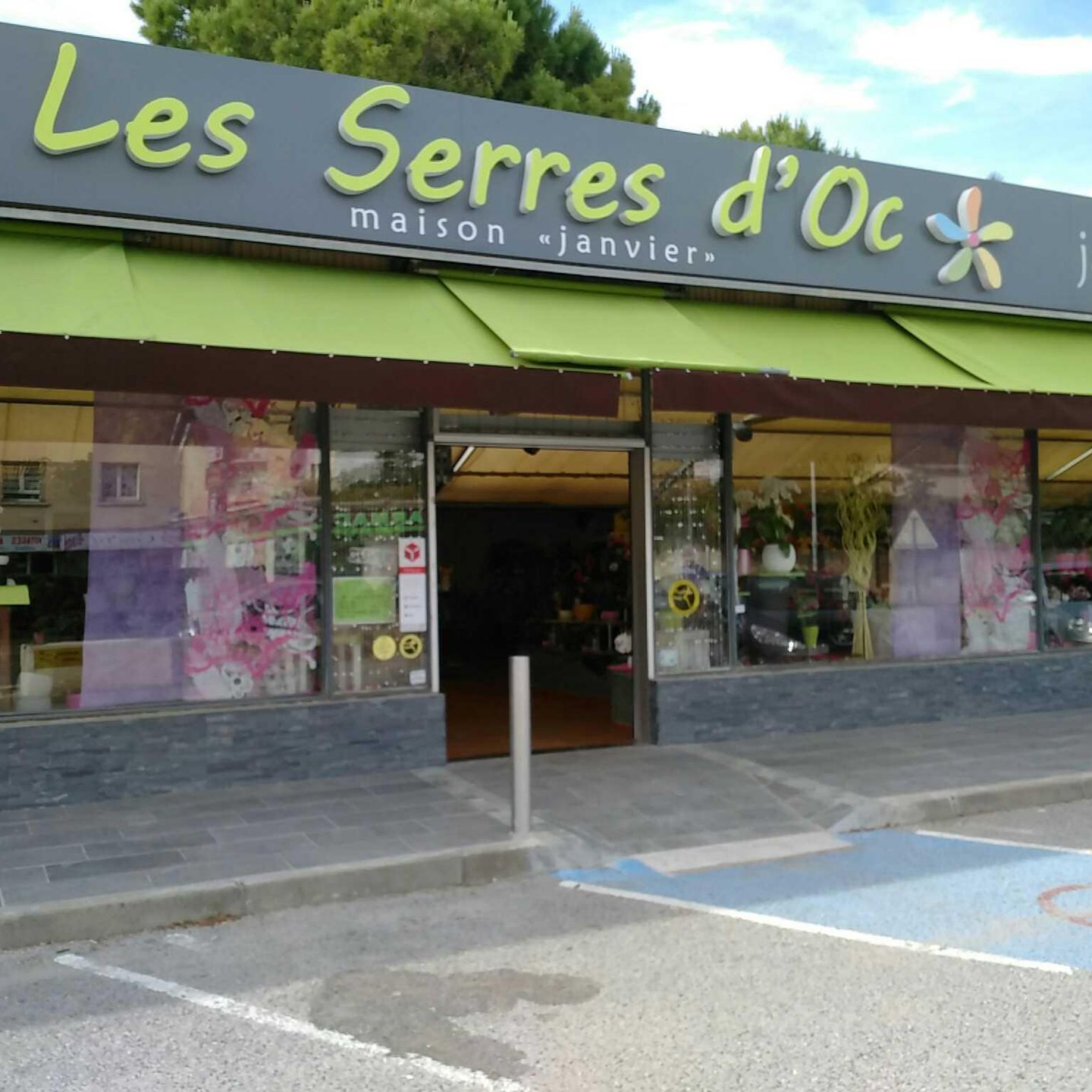 Entrée du magasin de fleurs « Les Serres d'Oc » avec un auvent et une enseigne verts, dans un bâtiment commercial.