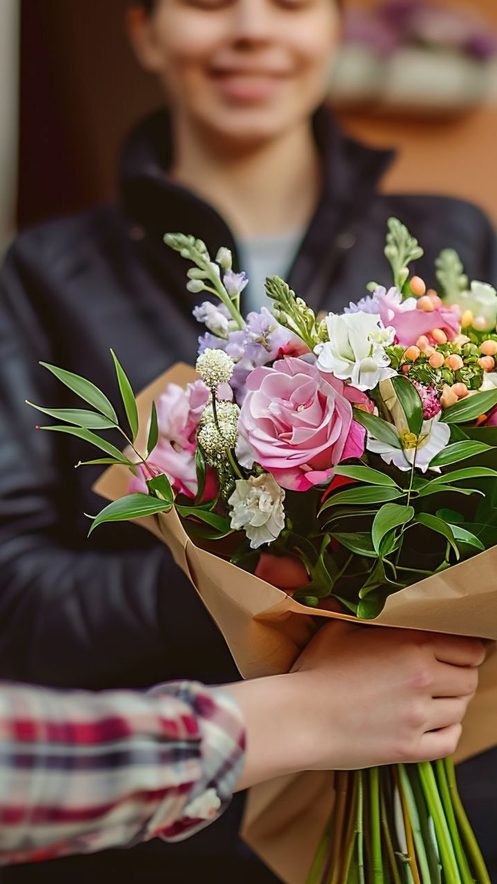 Une personne remet à une autre un bouquet de fleurs colorées emballé dans du papier kraft.