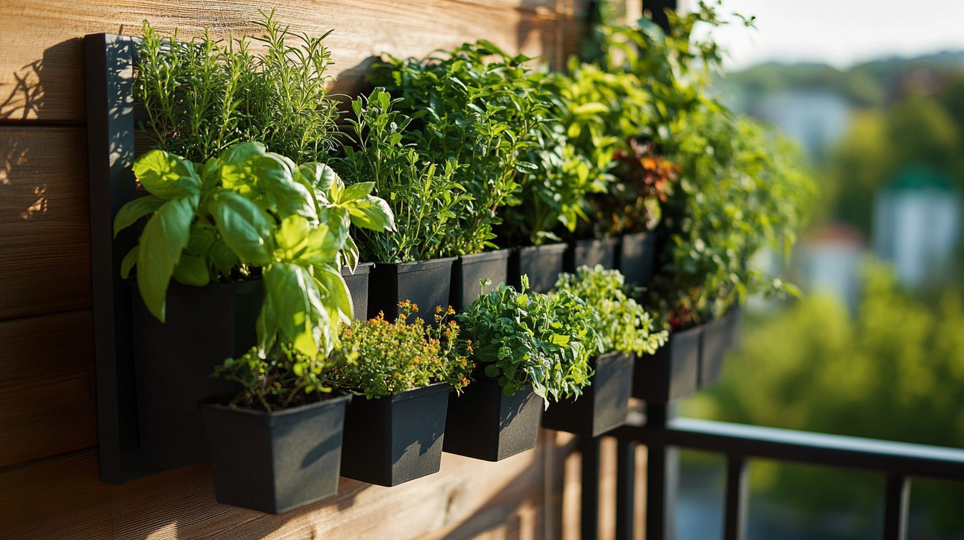 Un petit jardin d'herbes aromatiques dans des jardinières noires sur un balcon.
