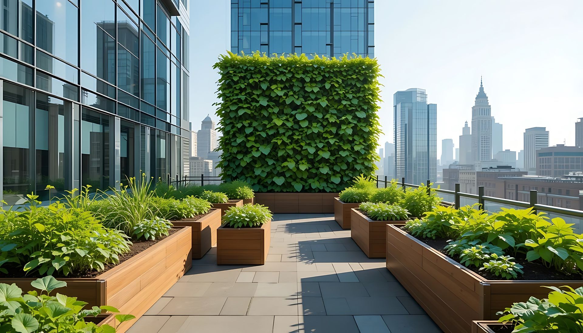 Jardin sur le toit avec jardinières rectangulaires, végétation luxuriante et un haut mur végétal.