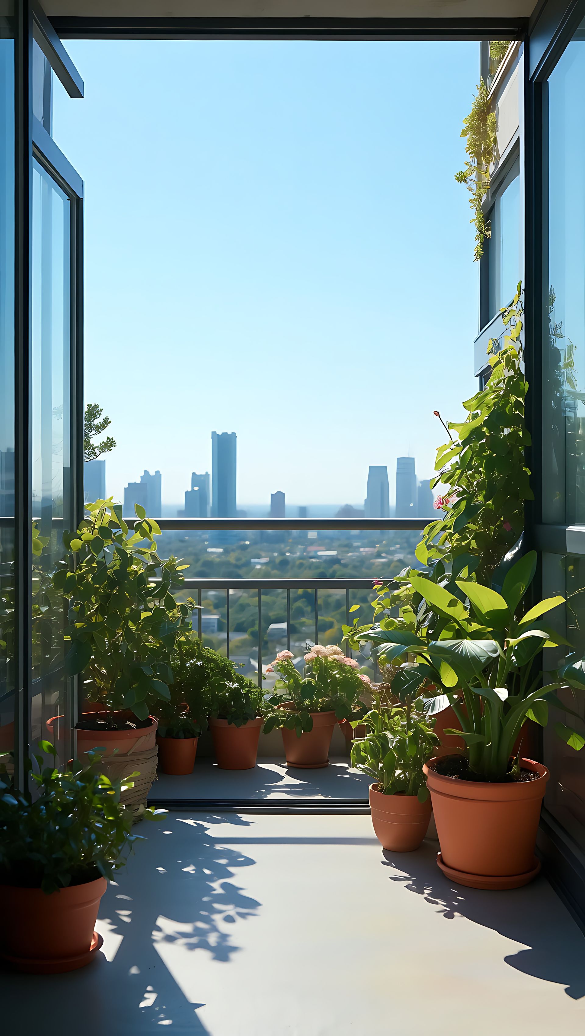 Vue depuis le balcon : portes vitrées ouvertes encadrant la silhouette de la ville ; plantes en pot baignées de soleil.