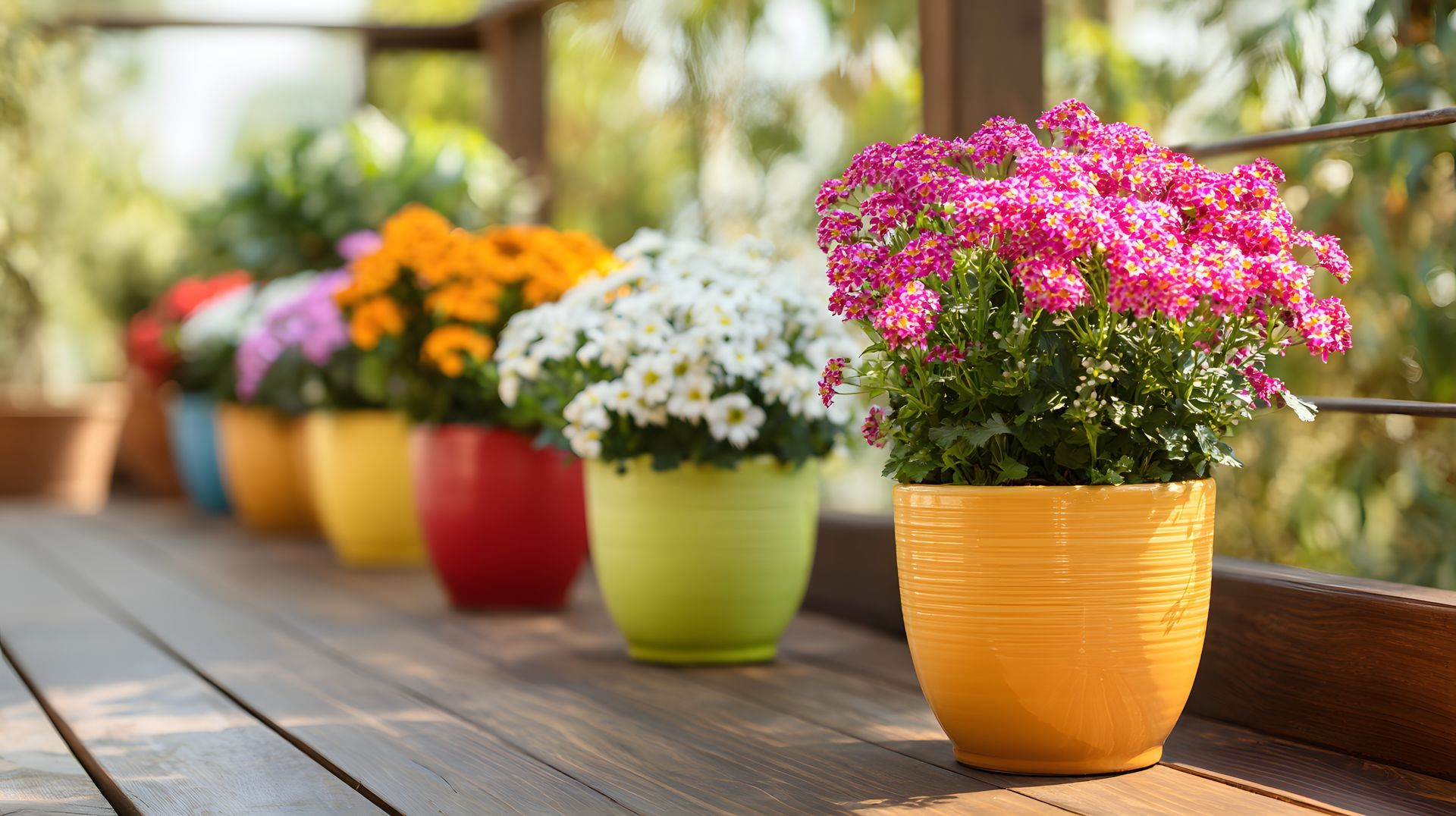 Des fleurs en pot aux couleurs chatoyantes bordent une terrasse en bois.