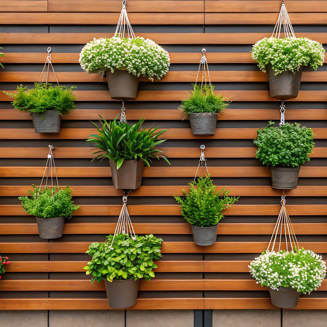 Plantes en pot suspendues à un mur en bois brun à lattes horizontales.