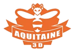 Logo orange avec une abeille et le texte « AQUITAINE 3D » sur la bannière.