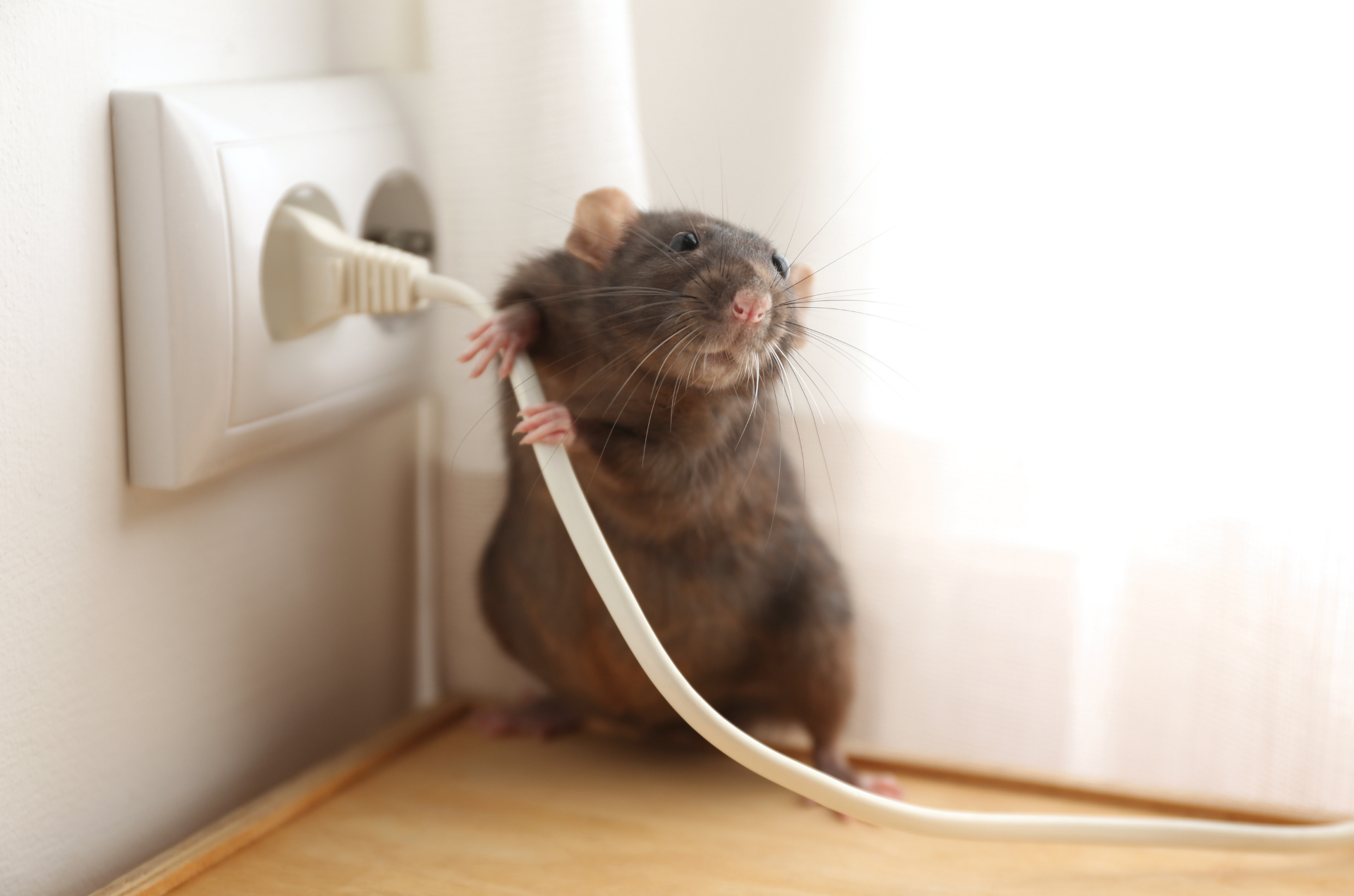 Un rat gris près d'une prise électrique, tirant sur un cordon d'alimentation blanc dans une pièce éclairée.