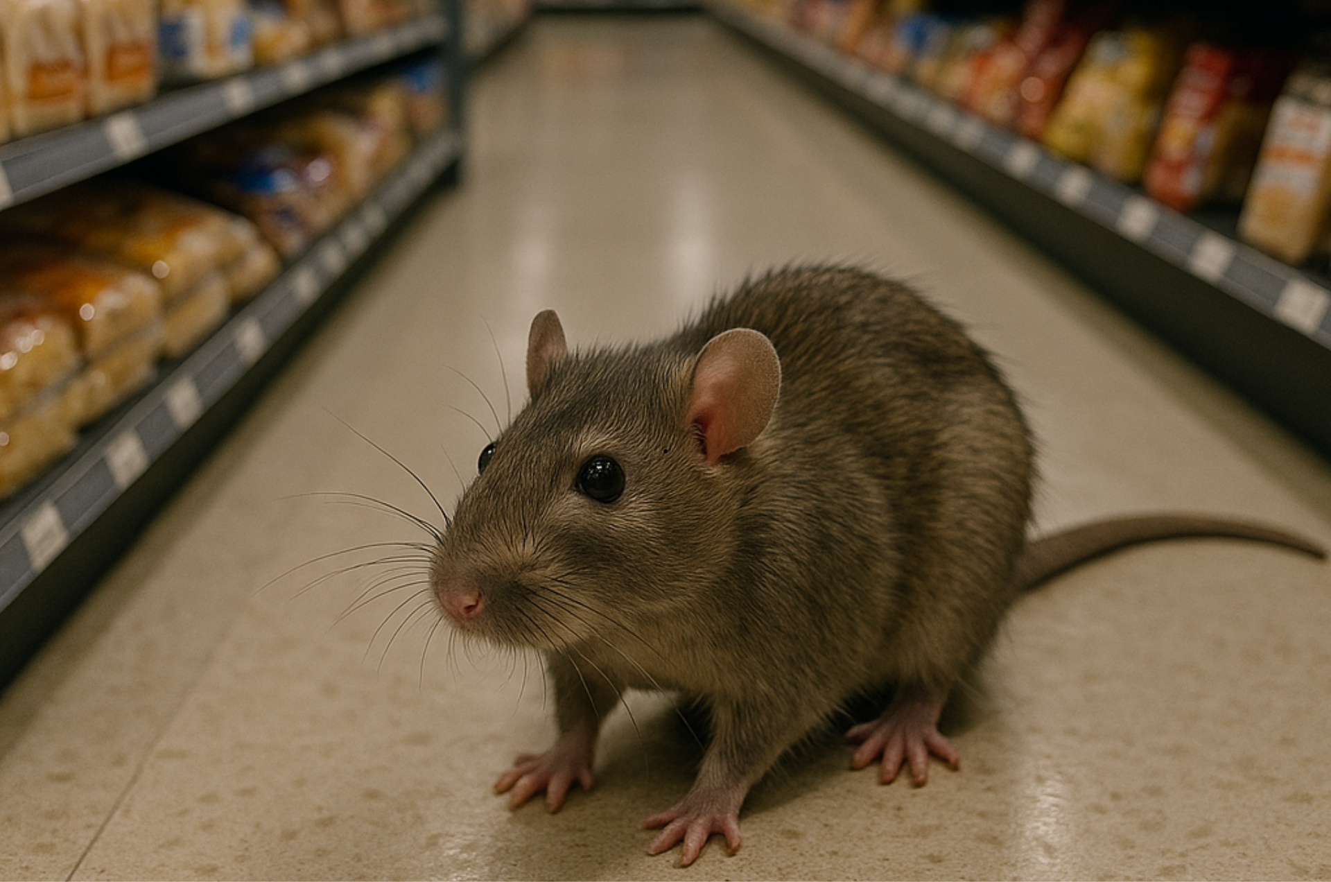 Un rat dans une allée de supermarché, regardant droit devant lui ; des rayons de nourriture en arrière-plan.