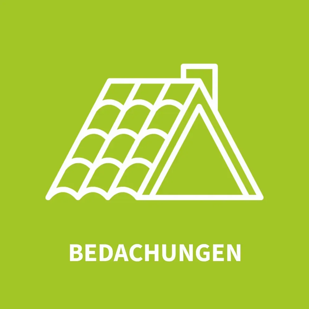 Ein weißes Dachsymbol auf grünem Hintergrund mit dem Wort Bedachungen darunter.