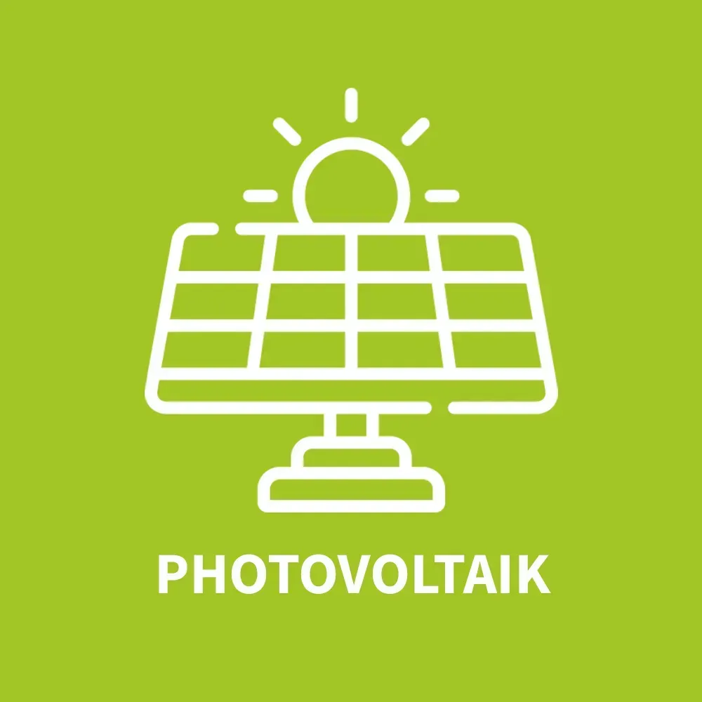 Ein Liniensymbol eines Solarpanels mit der Sonne dahinter auf einem grünen Hintergrund.