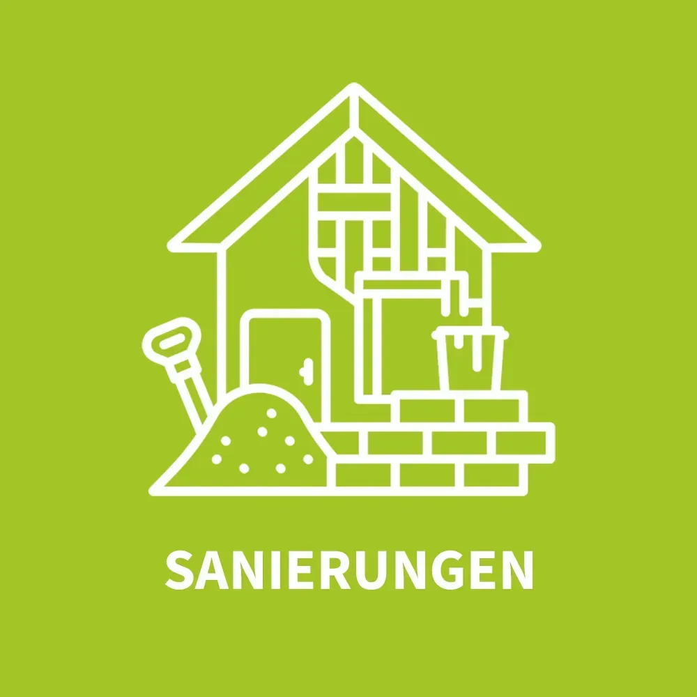 Eine Strichzeichnung eines im Bau befindlichen Hauses auf grünem Hintergrund.