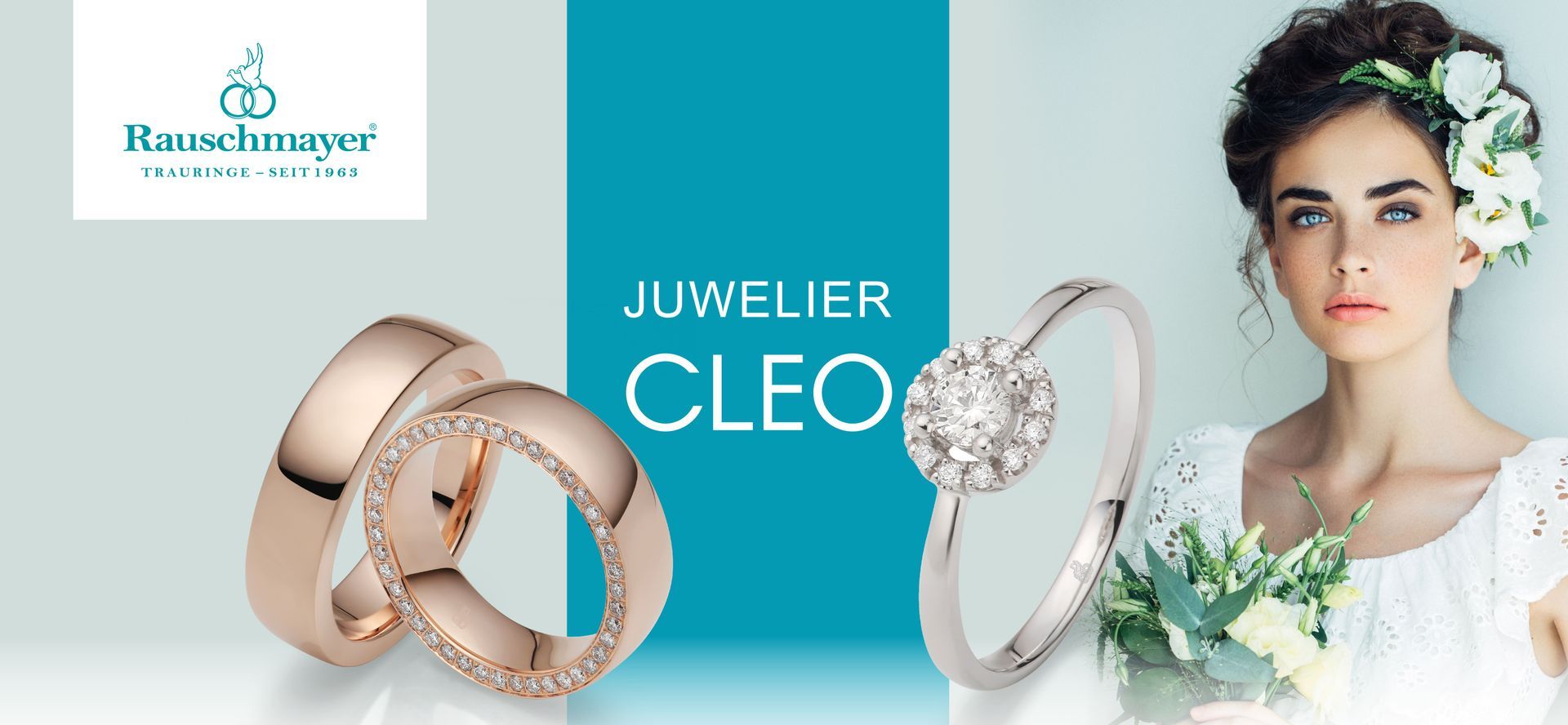 Juwelier Cleo Wallpaper von Rauschmayer mit Trauringen und Verlobungsringen.