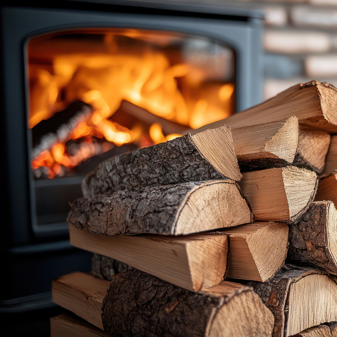 Un tas de bois de chauffage devant une cheminée allumée aux flammes orangées.