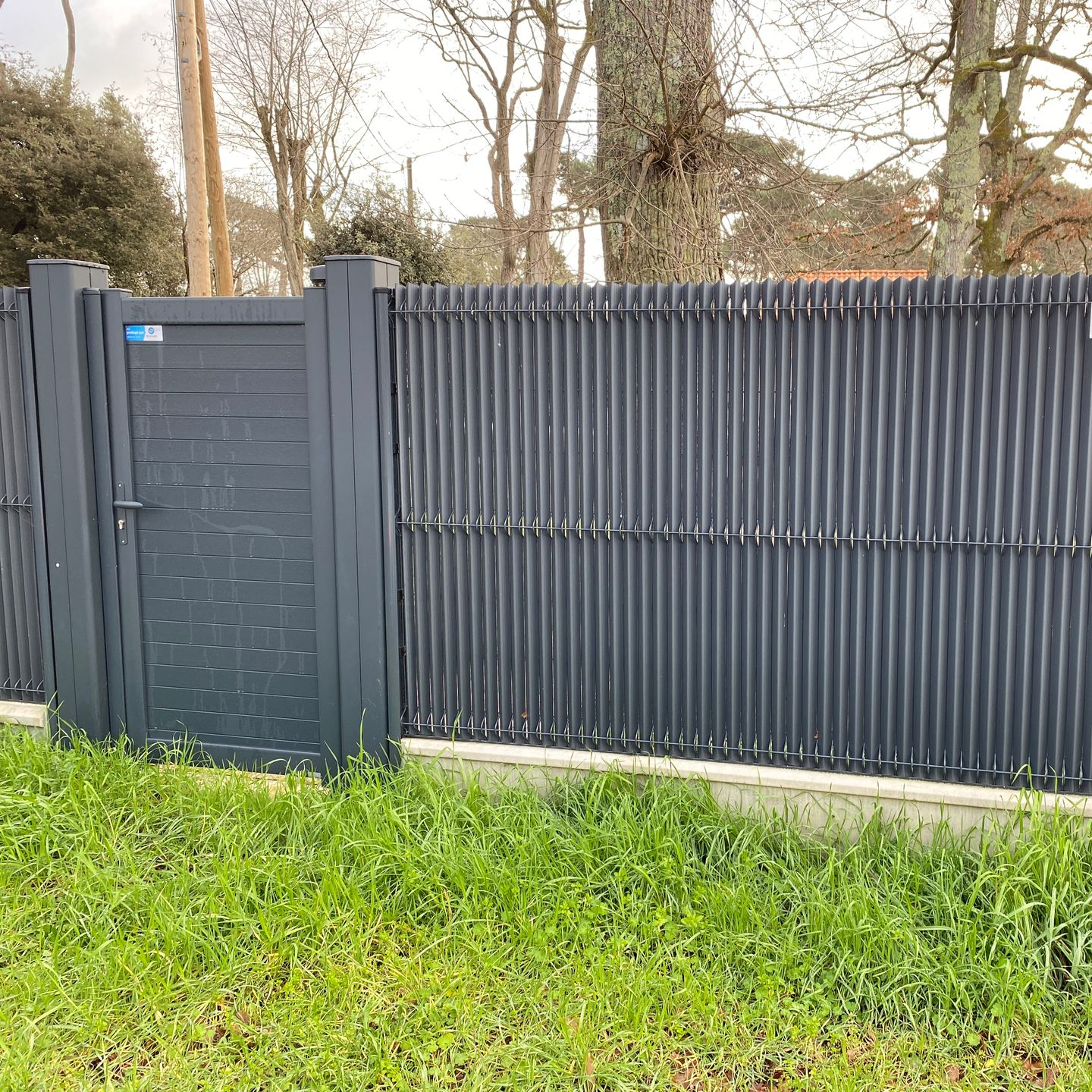 Une clôture gris foncé avec un portail assorti dans une cour gazonnée.