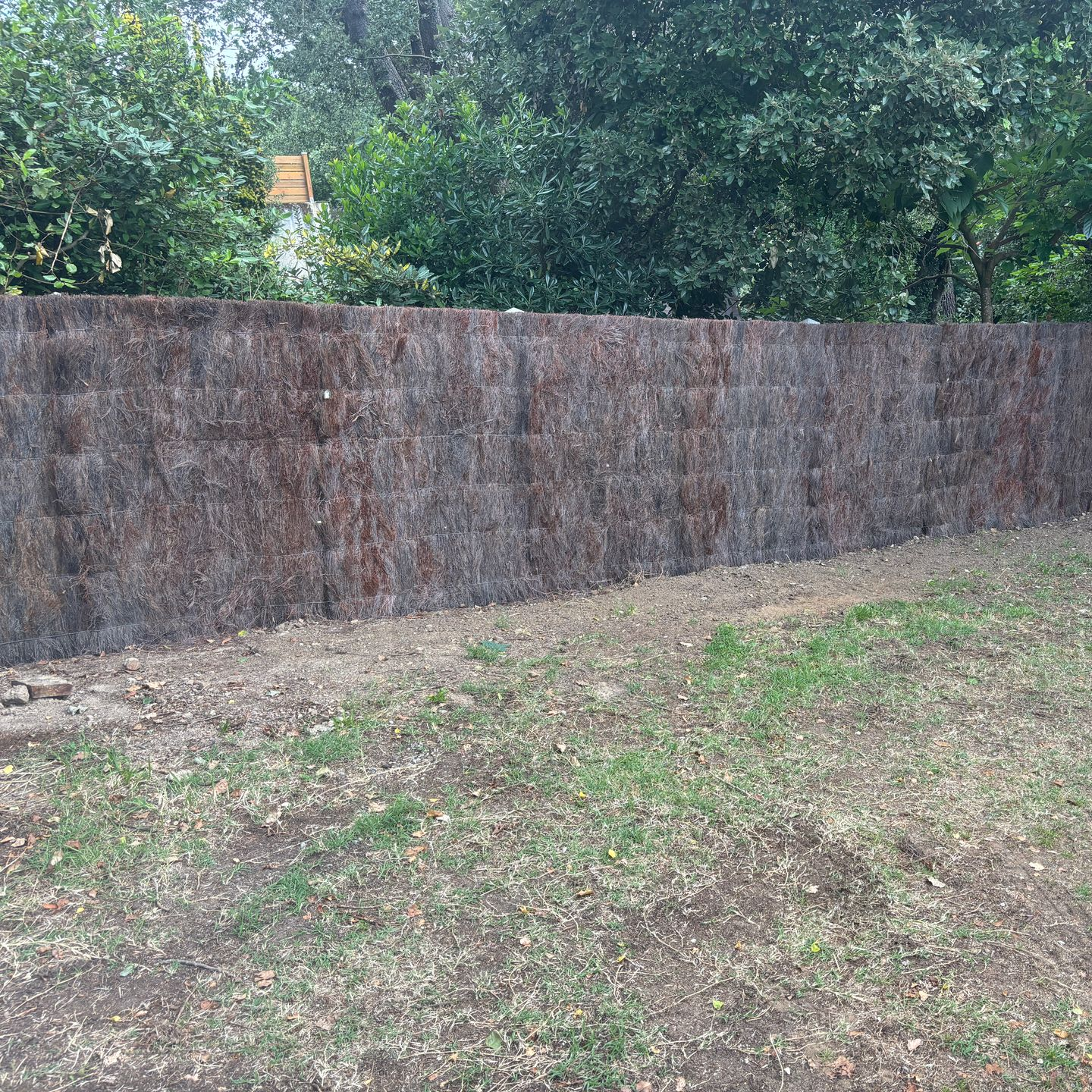 Clôture marron assurant l'intimité devant la pelouse et les arbres.