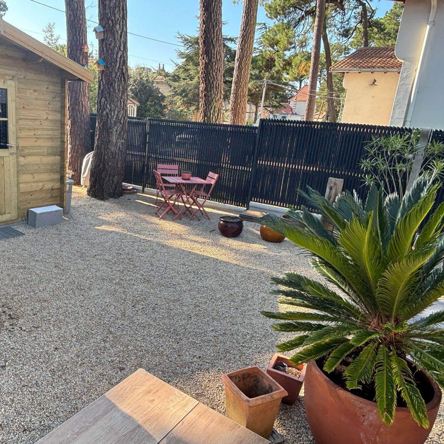 Paysage de jardin avec sol gravillonné, petite table et chaises, plantes en pot et abri de jardin en bois.
