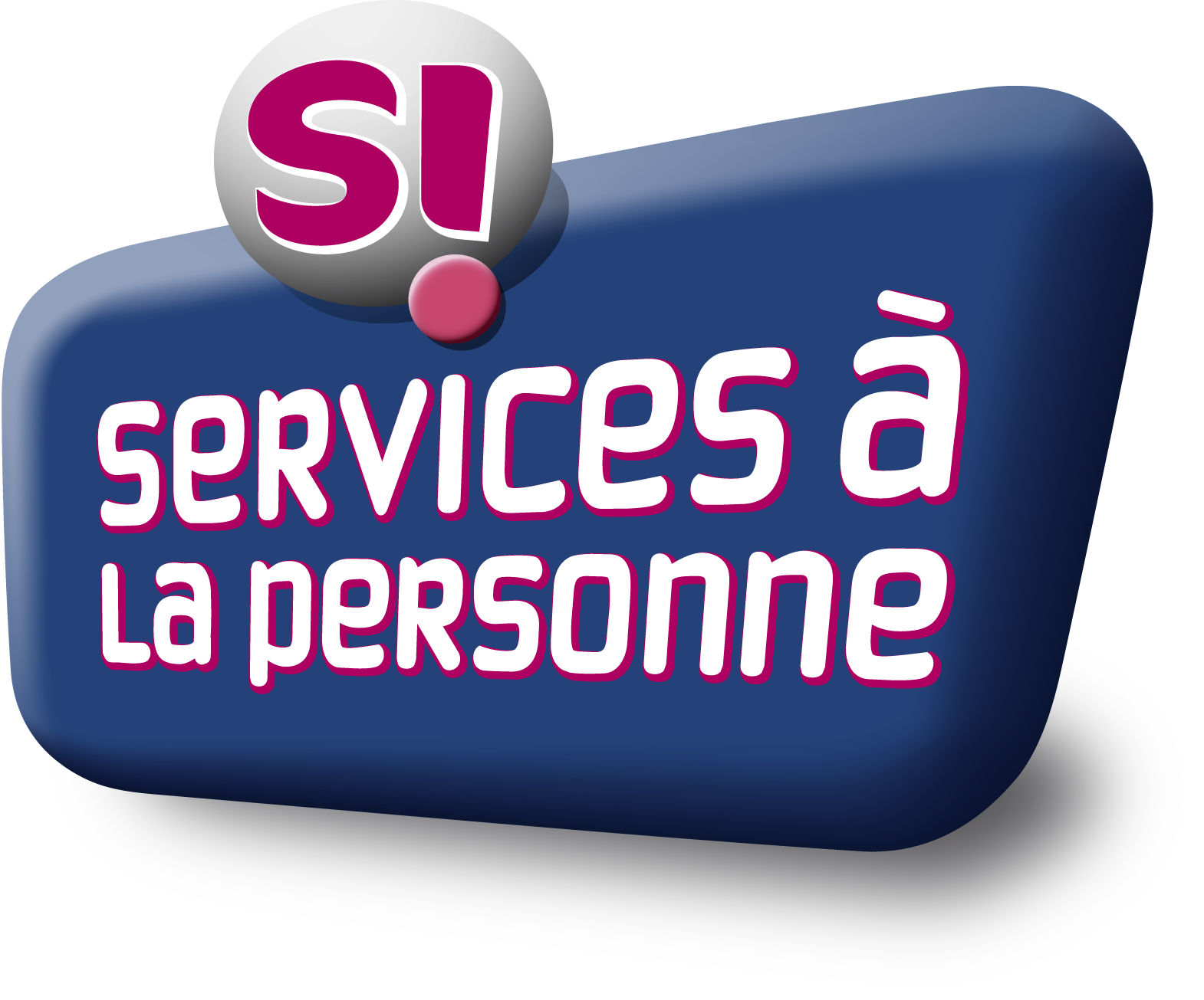 Logo pour Services à la Personne en texte blanc sur un rectangle bleu arrondi, avec Si ! dans une bulle de dialogue rose.
