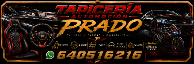 Banner negro y rojo de Tapicería Prado con asientos de auto y teléfono WhatsApp 640516216