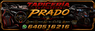 Banner negro y rojo de Tapicer&iacute;a Prado con asientos de auto y tel&eacute;fono WhatsApp 640516216