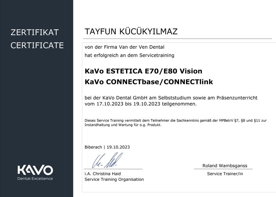 Zertifikat für Tayfun Küçükyilmaz für die Serviceschulung an KaVo-Dentalgeräten.
