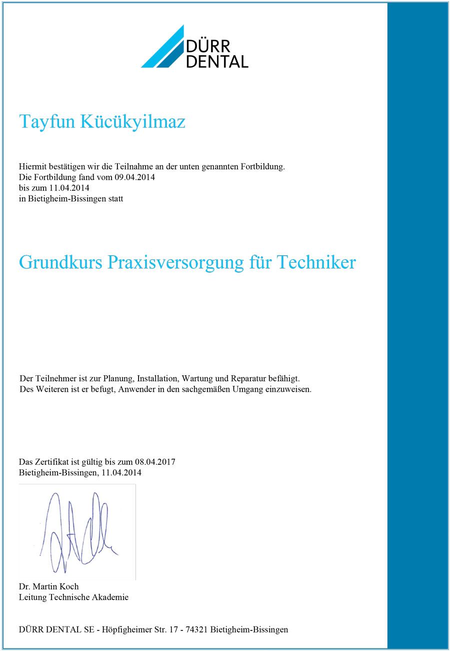 Zertifikat von Dürr Dental: Grundkurs Praxisbedarf für Zahntechniker. Unterzeichnet von Dr. Marcus Dahl.