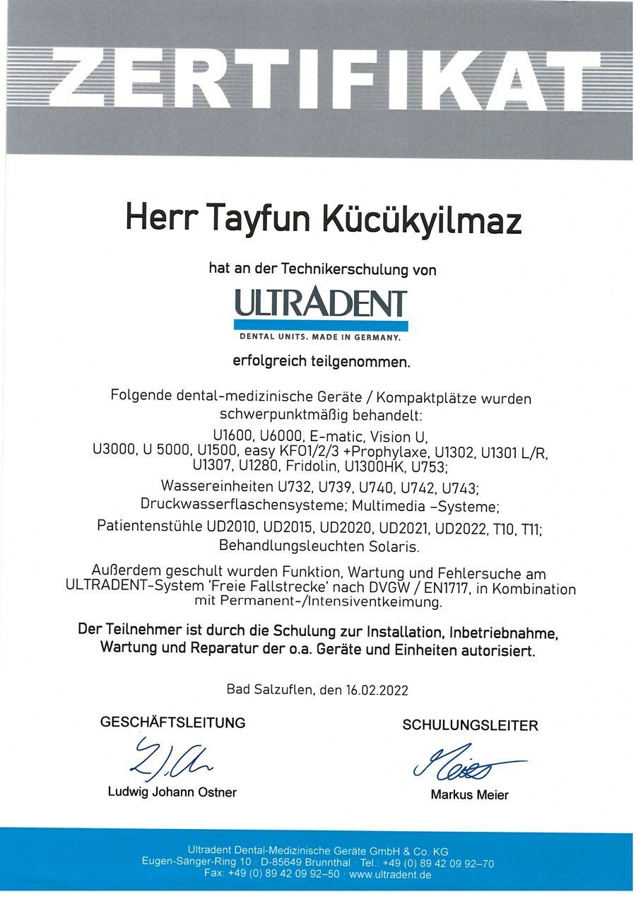 Zertifikat für Herrn Tayfun Küçükyılmaz, ausgestellt von Ultradent, über Schulung und Unterweisung zu Dentalprodukten.