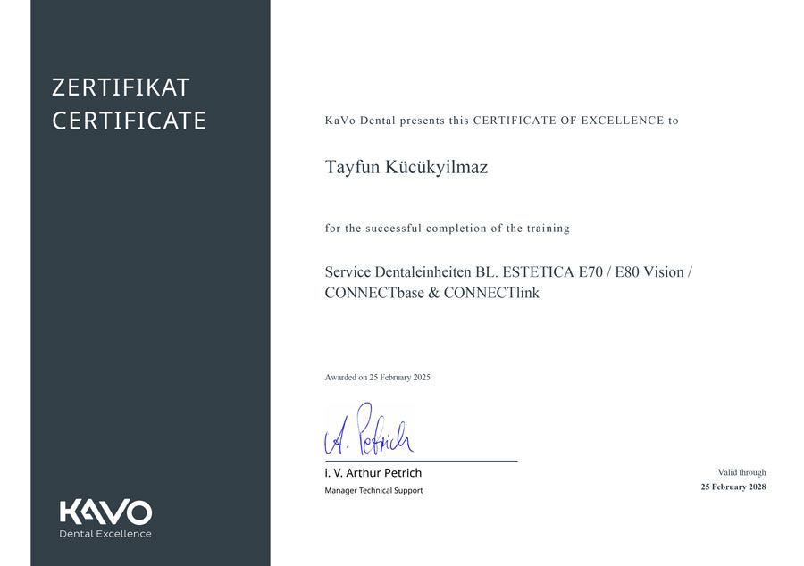 Zertifikat von Kavo für Taylan Küçükyılmaz für den erfolgreichen Abschluss eines gemeinnützigen Lehrgangs.