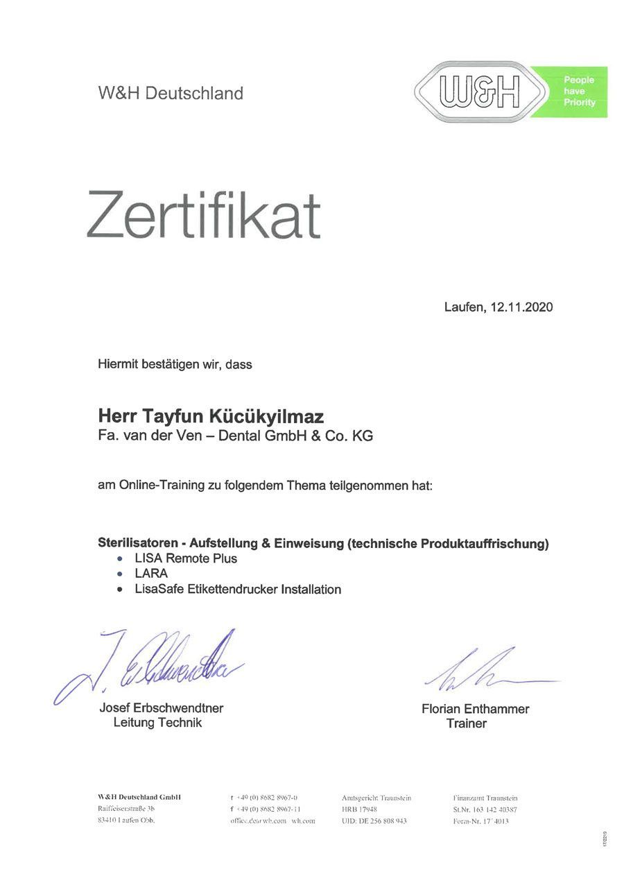 Zertifikat von WOSH Deutschland, mit Unterschrift und Produktliste, datiert 12.1.2021.