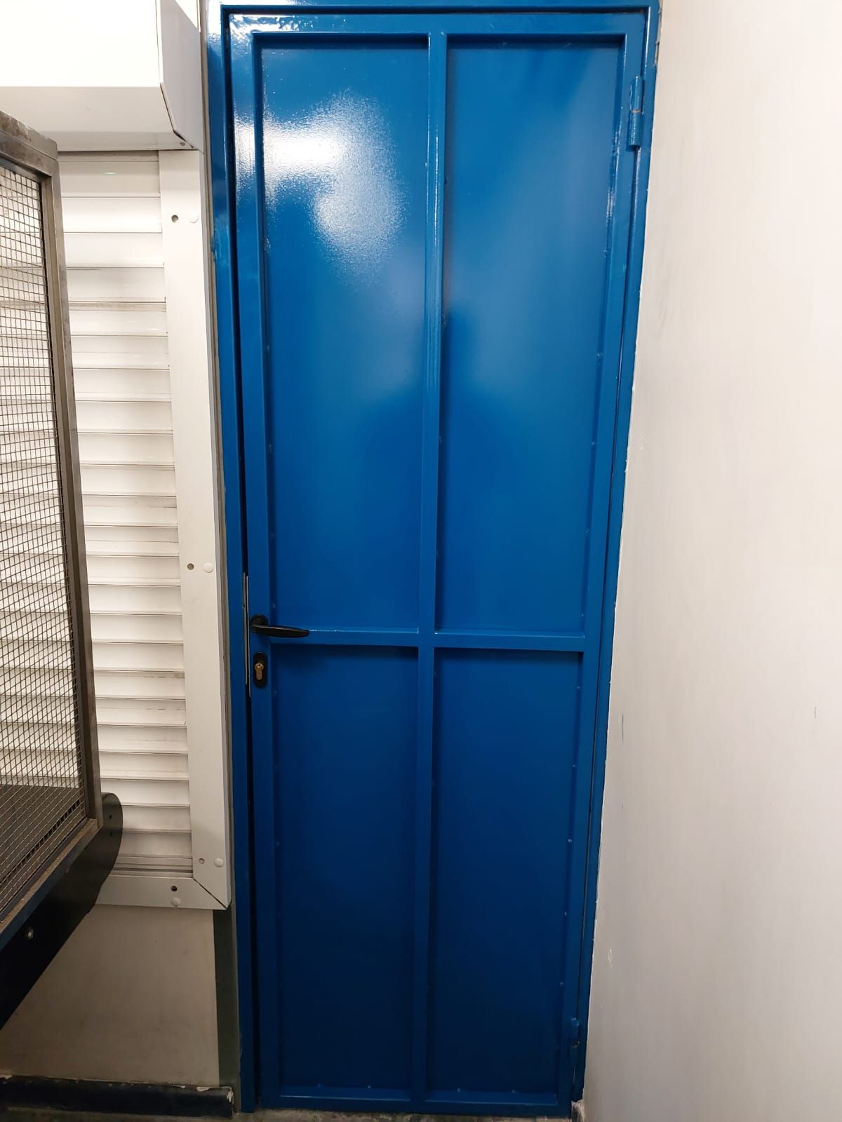 Une porte en métal bleu brillant avec une cloison verticale centrale et une poignée noire.