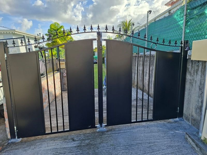 Portail d'allée en métal noir, composé de panneaux pleins et de barreaux verticaux, surmonté de fleurons décoratifs.