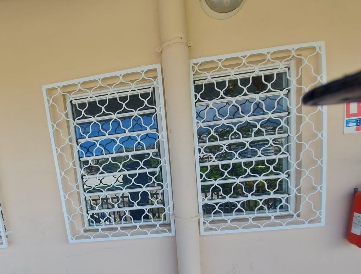 Deux fenêtres carrées avec des grilles de sécurité blanches en treillis.