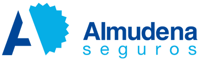 Un logo azul para almudena seguros sobre un fondo blanco.