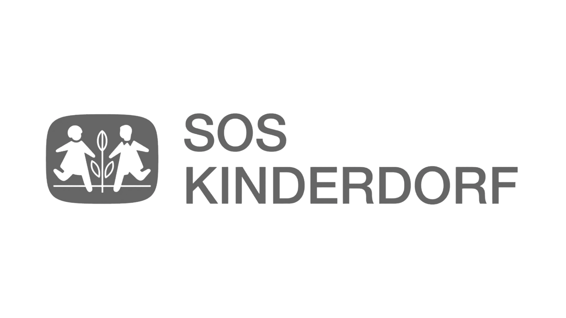 Ein schwarz-weißes Logo für SOS-Kinderdorf mit zwei Kindern und einer Pflanze.
