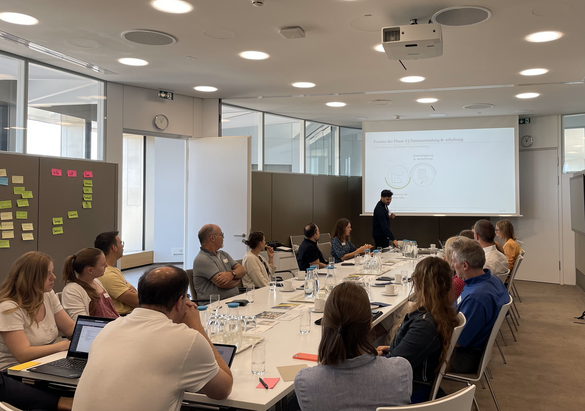 Eine Gruppe von Menschen sitzt in einem Konferenzraum um einen langen Tisch herum.