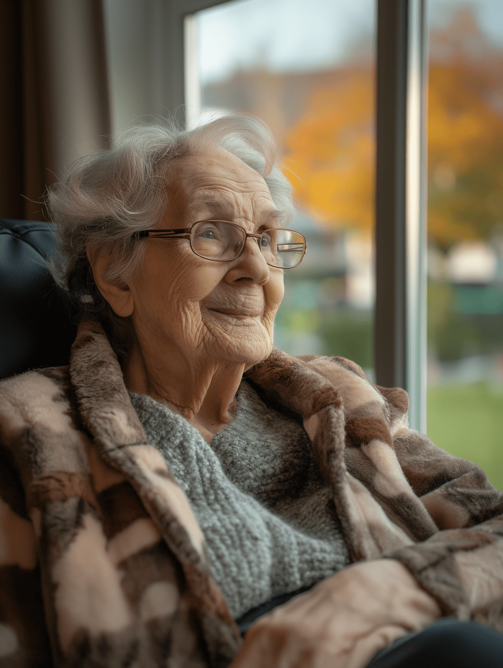 Eine ältere Frau sitzt auf einem Stuhl und schaut aus dem Fenster.