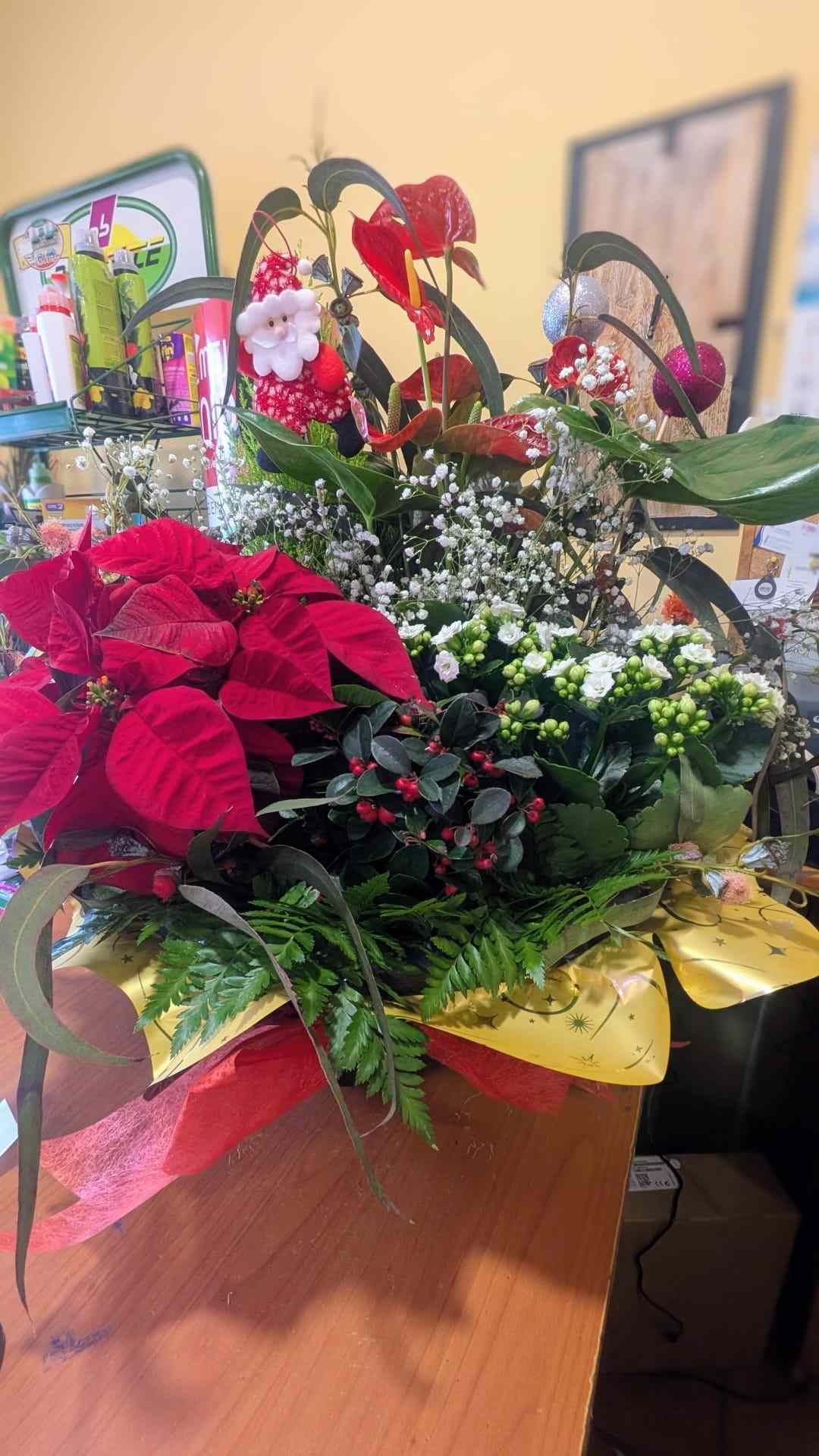 Flor de Pascua roja y arreglo floral navideño variado en una cesta decorativa sobre una mesa.