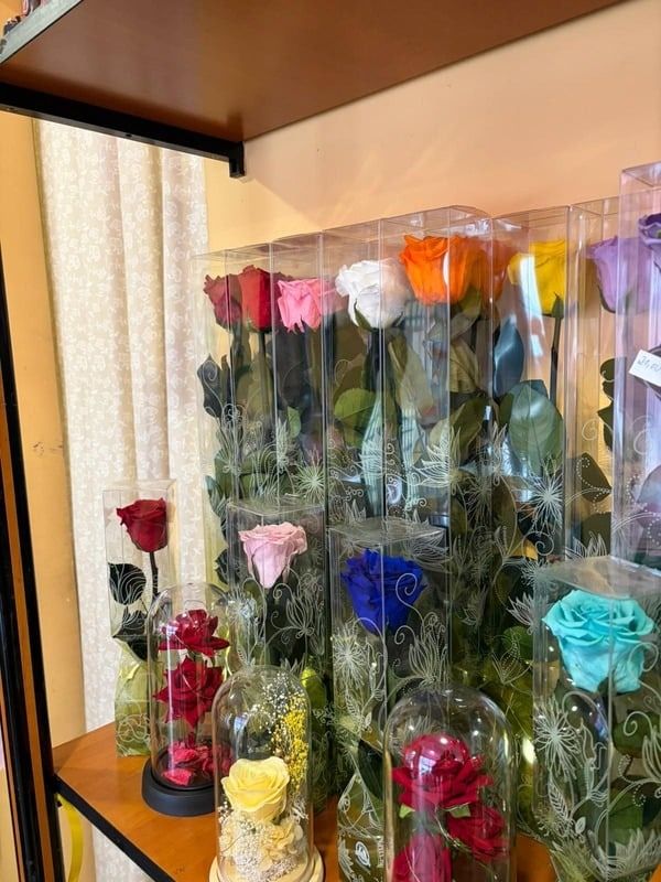 Jarrones altos y transparentes con rosas de color rosa, rojo, azul, amarillo, naranja y blanco sobre un estante.