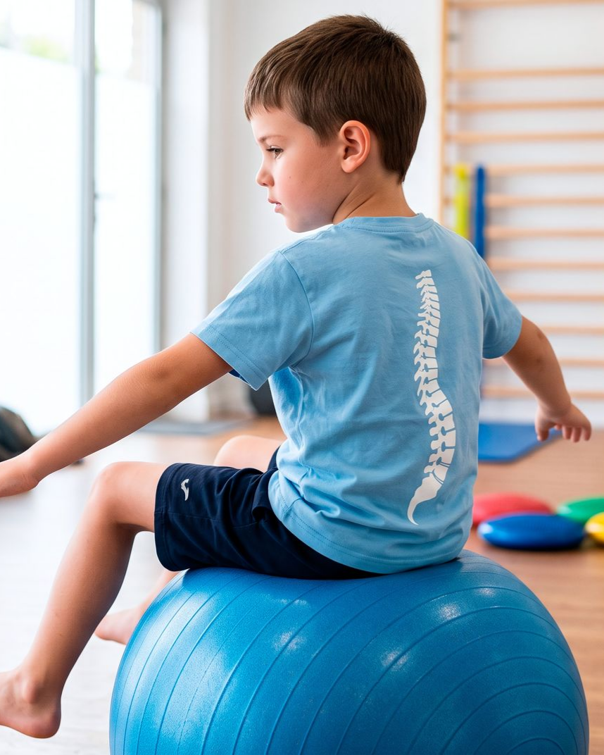 Enfant sur un ballon pour une séance de maintient