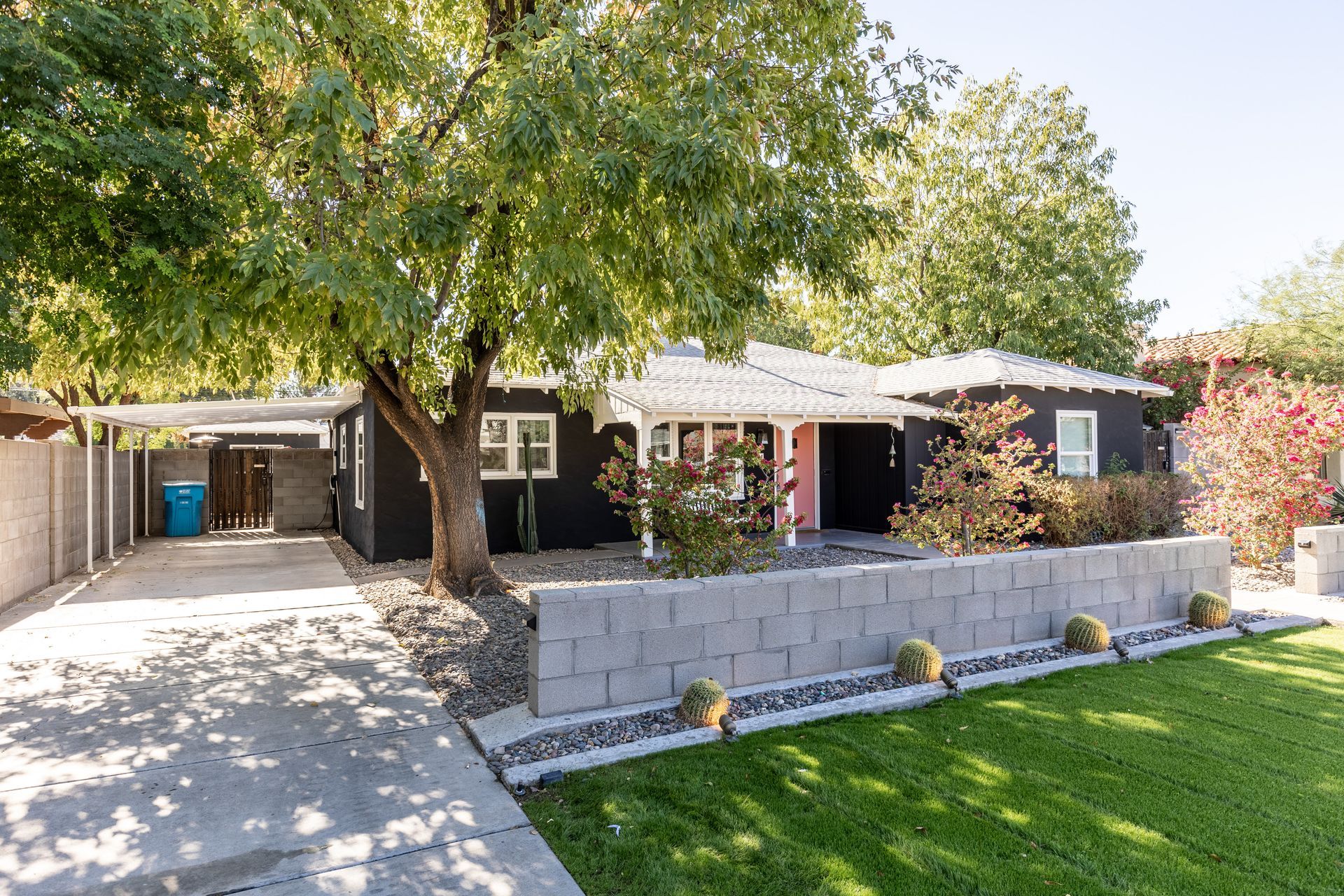 Black house with a pink door, a carport, and a green lawn under a blue sky.