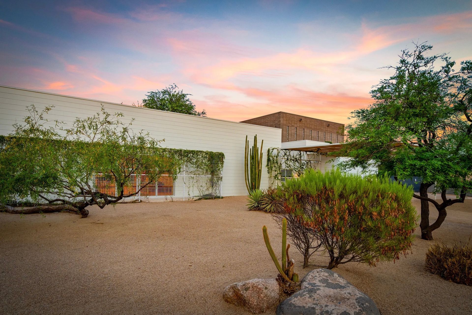 Exterior view of a modern, white-walled home with drought-tolerant landscaping under a colorful sunset.