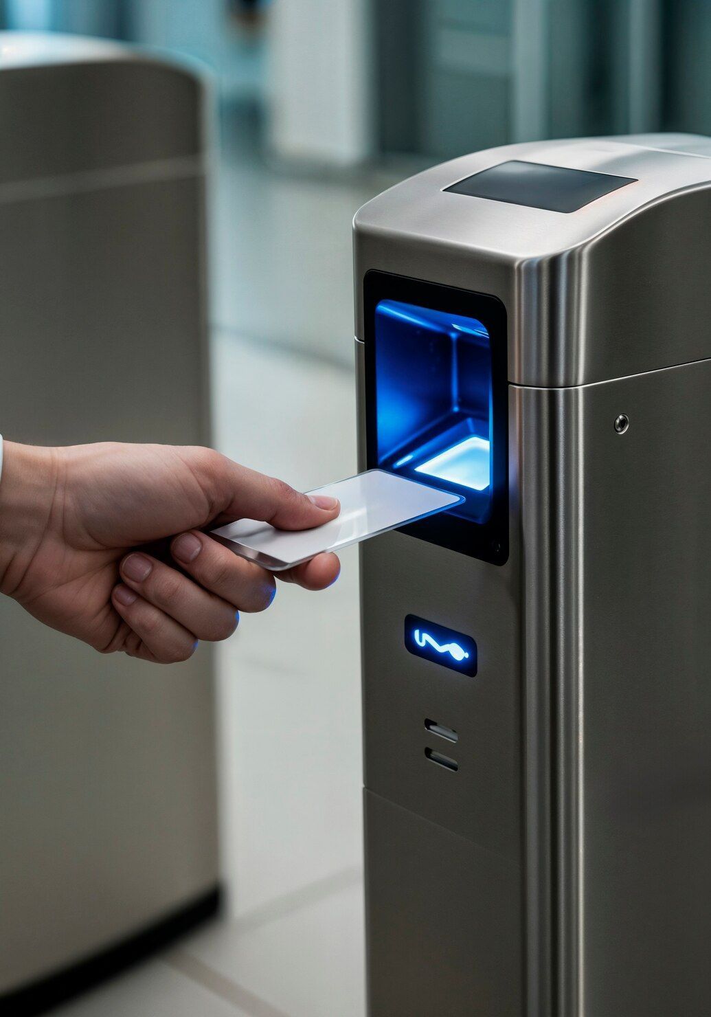 Insertar una tarjeta manualmente en un lector de control de acceso iluminado en azul.