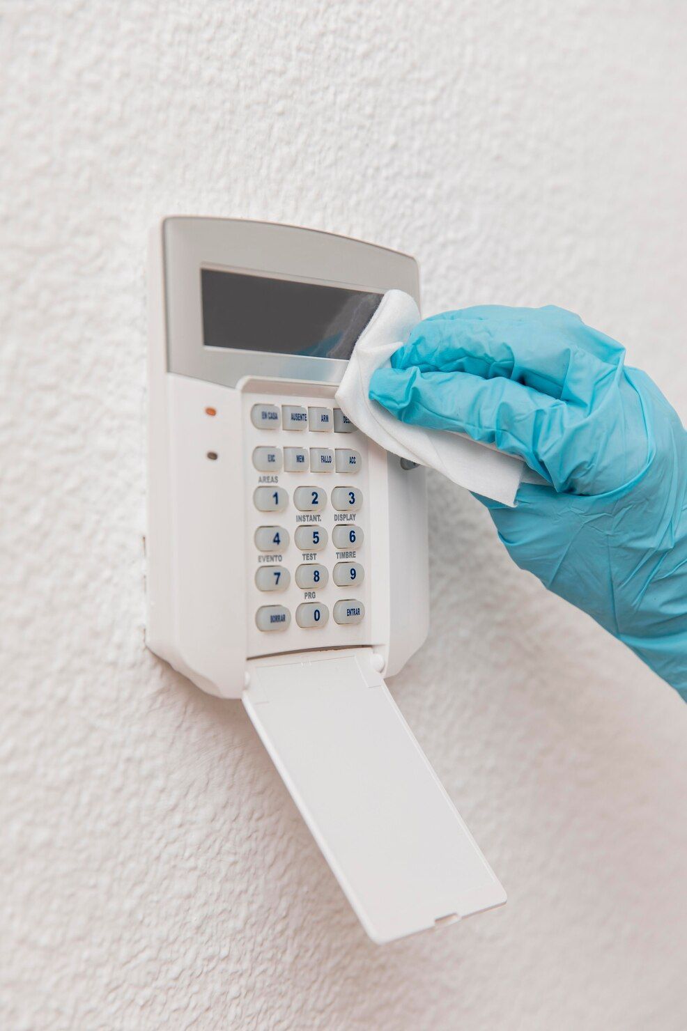 Mano enguantada introduciendo un código en un teclado de alarma de seguridad montado en la pared con un panel de cubierta colgante.