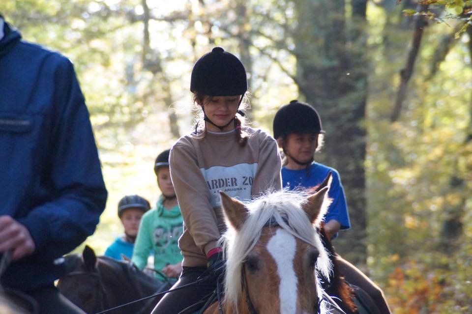 Mehrere Kinder mit Reiterhelmen bei Reitstunden auf Pferden