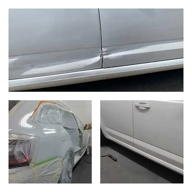 Se está pintando un coche blanco en un garaje.