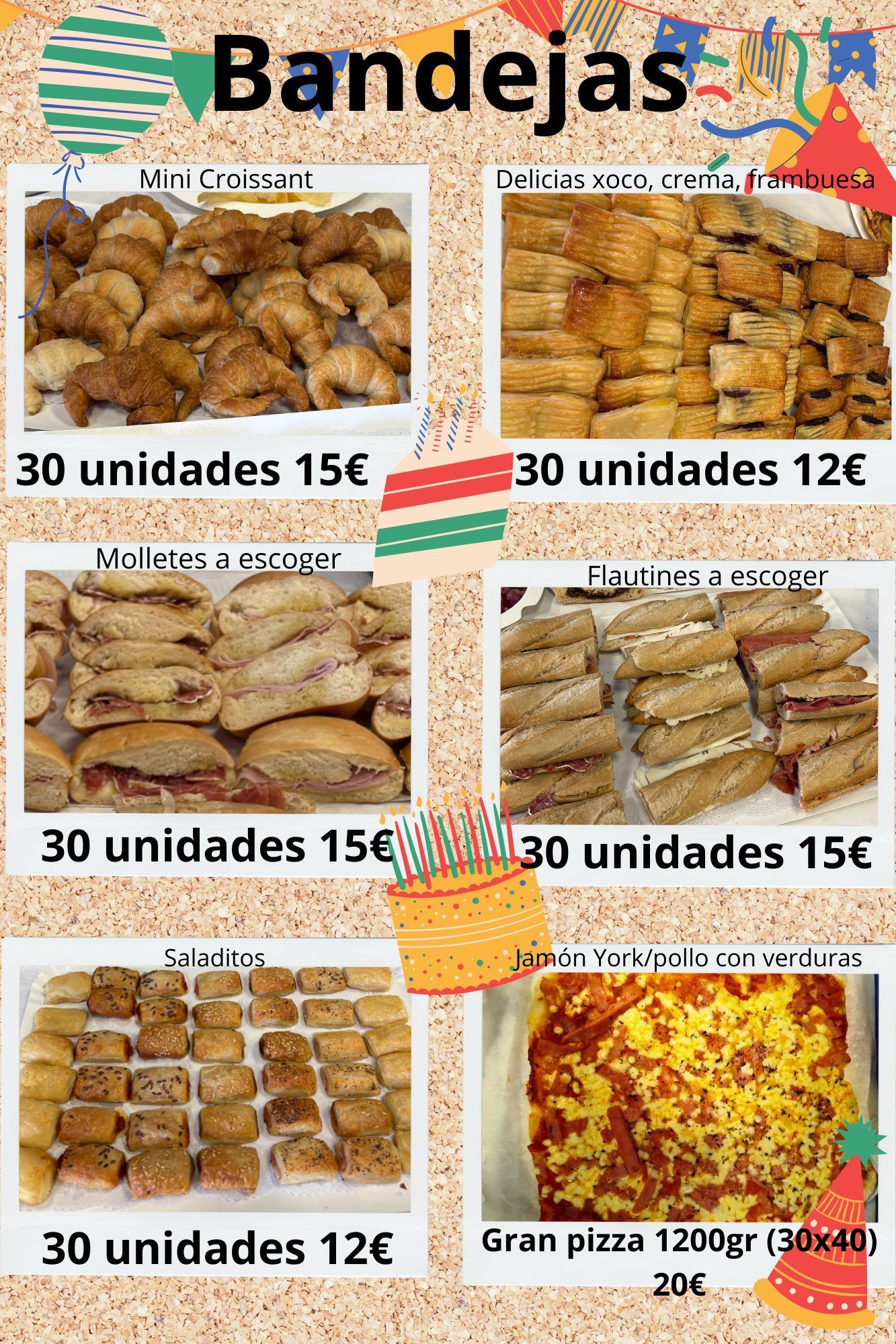 Menú con varias bandejas de pasteles y una pizza grande; se detallan precios y cantidades.