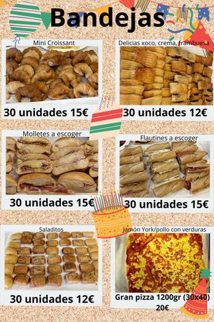 Menú con varias bandejas de pasteles y una pizza grande; se detallan precios y cantidades.