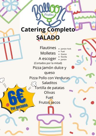 Menú de catering con ensalada. Precio: 6 €. Incluye pizza, aperitivos, aceitunas y frutos secos.
