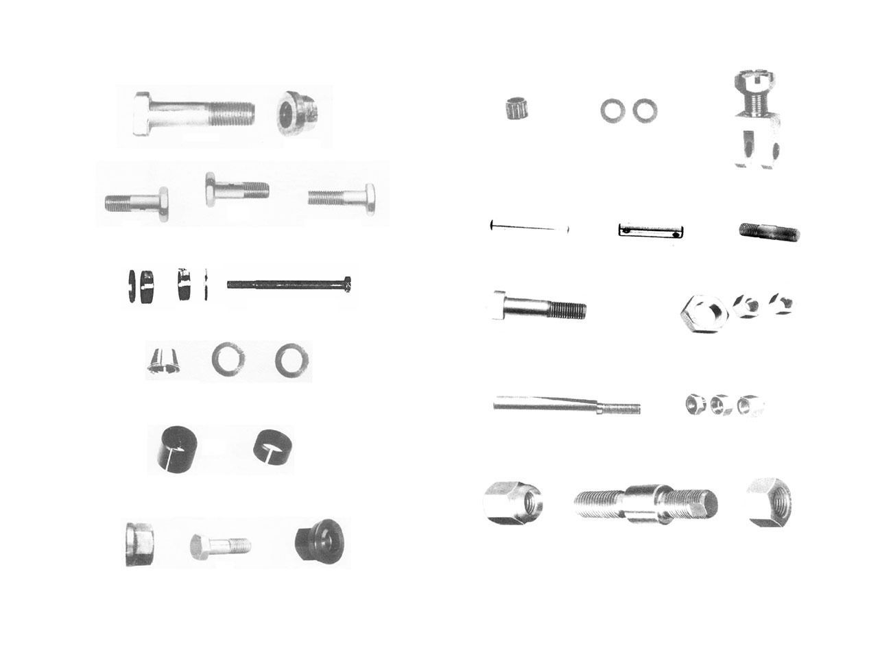 Un montón de diferentes tipos de tornillos y tuercas sobre un fondo blanco.