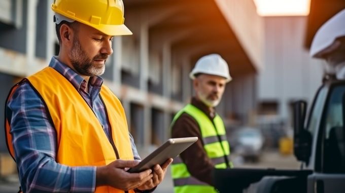 Dos trabajadores de la construcción están mirando una tableta.