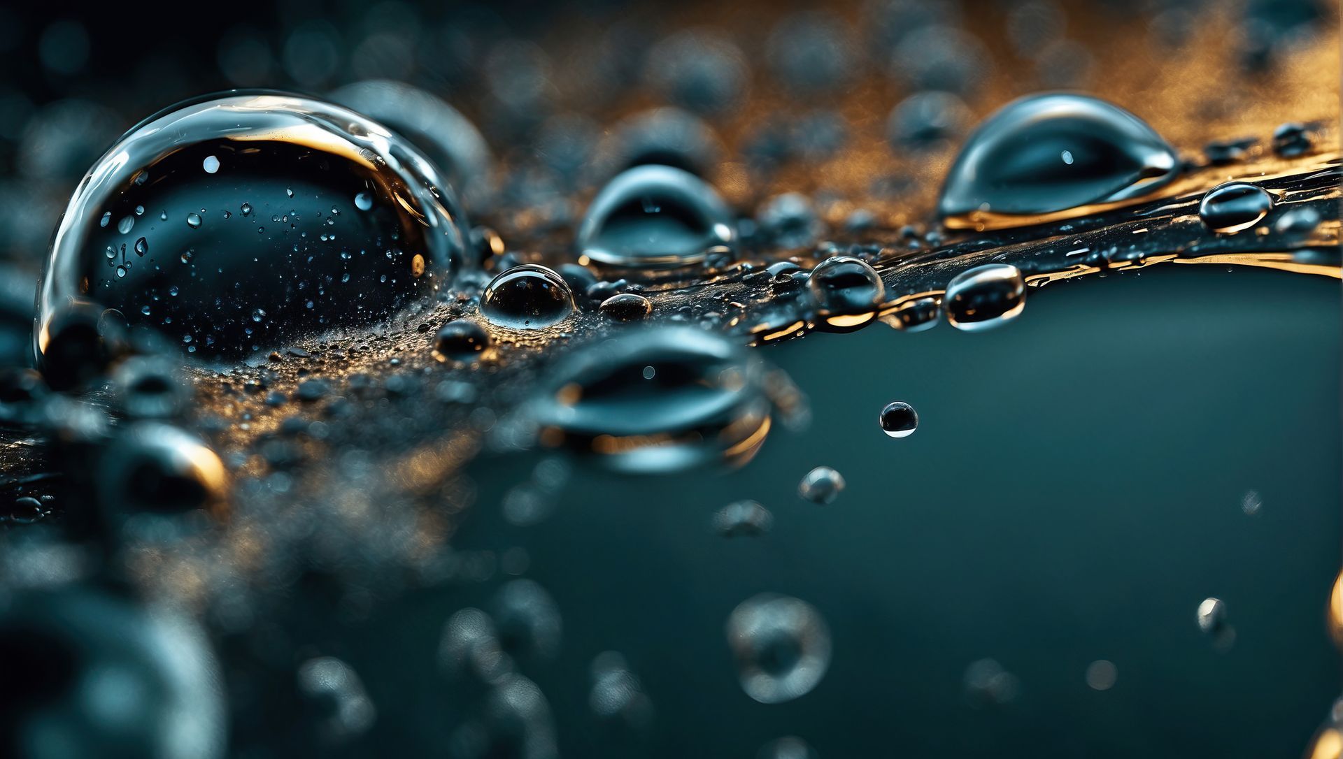 Un primer plano de gotas de agua sobre una superficie oscura.