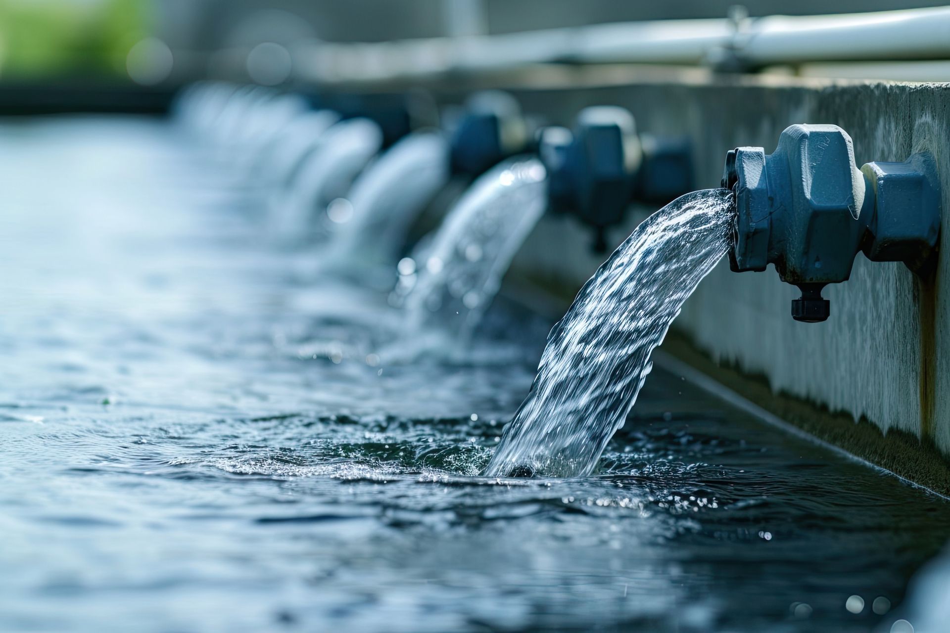 Una hilera de tuberías de las que sale agua.