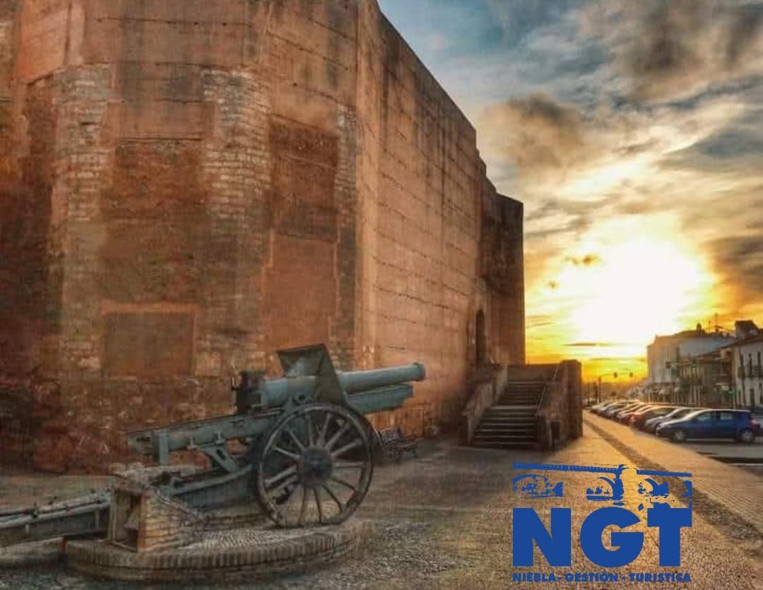Cañones históricos junto a la muralla de ladrillo de un fuerte al atardecer, con nubes dramáticas y una marca de agua azul de NGT